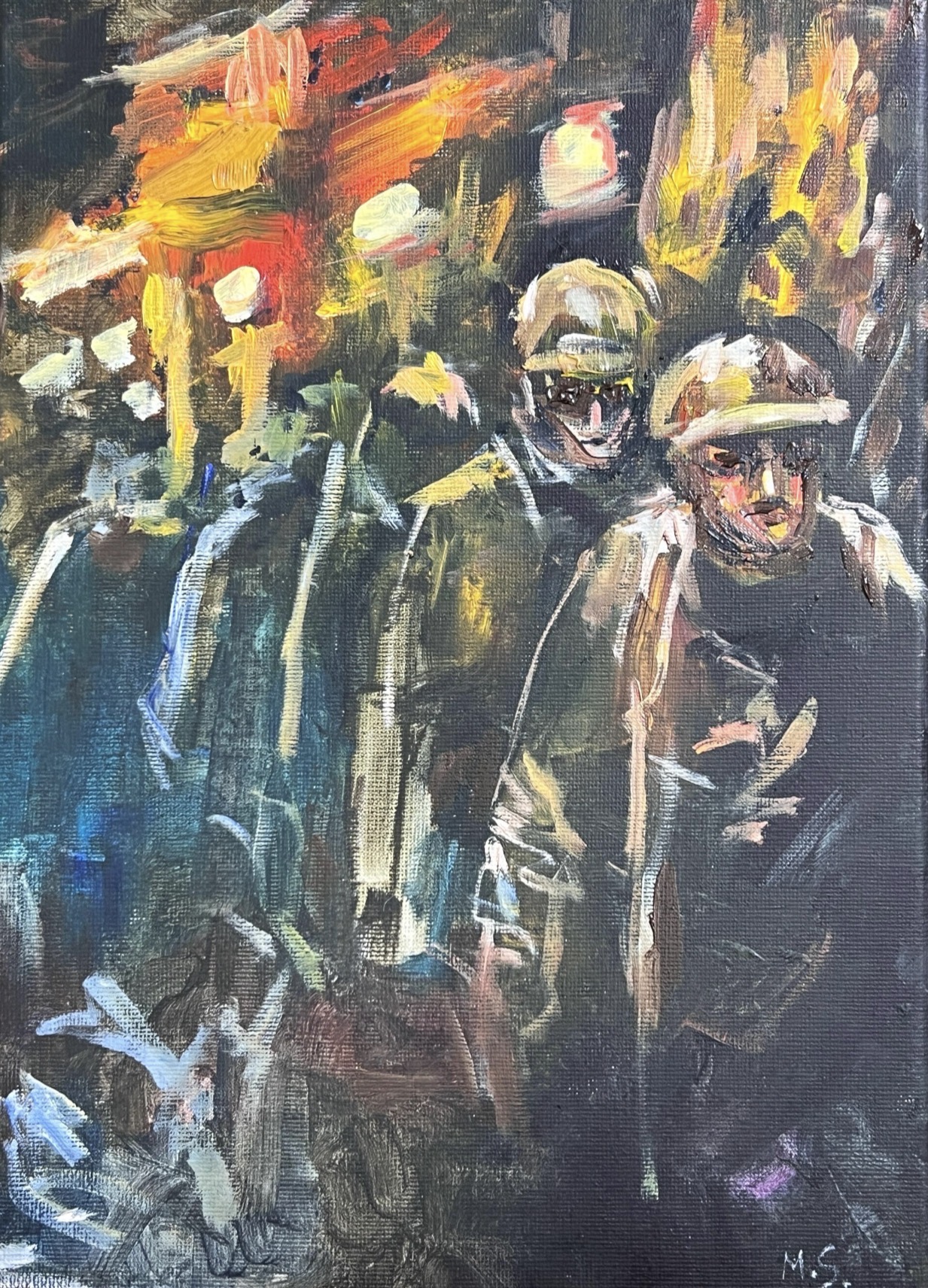 Miners of Ukraine — Ukrainian miners walking to their shift, second painting of the diptych by Marina Stognieva
